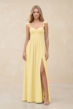 Ruffled Sleeve A - Line Corset Chiffon Bridesmaid Dress in Pastel Yellow - KissProm Bridesmaid Dresses