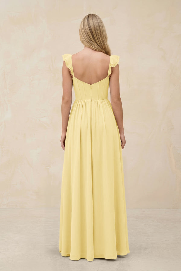 Ruffled Sleeve A - Line Corset Chiffon Bridesmaid Dress in Pastel Yellow - KissProm Bridesmaid Dresses