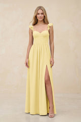 Ruffled Sleeve A - Line Corset Chiffon Bridesmaid Dress in Pastel Yellow - KissProm Bridesmaid Dresses
