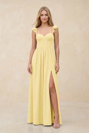 Ruffled Sleeve A - Line Corset Chiffon Bridesmaid Dress in Pastel Yellow - KissProm Bridesmaid Dresses