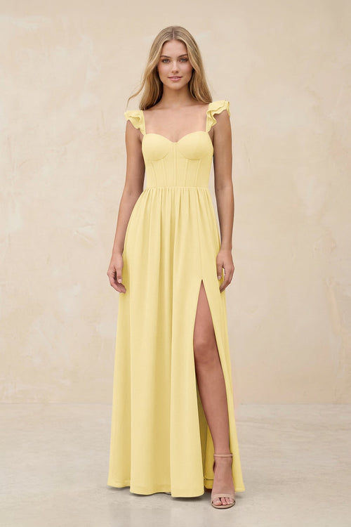 Ruffled Sleeve A - Line Corset Chiffon Bridesmaid Dress in Pastel Yellow - KissProm Bridesmaid Dresses
