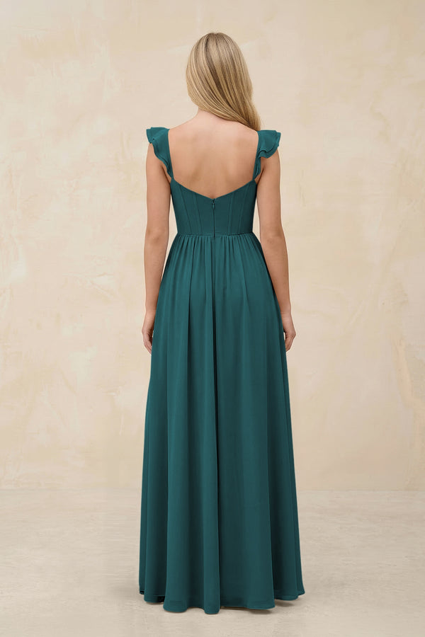 Ruffled Sleeve A - Line Corset Chiffon Bridesmaid Dress in Pine - KissProm Bridesmaid Dresses