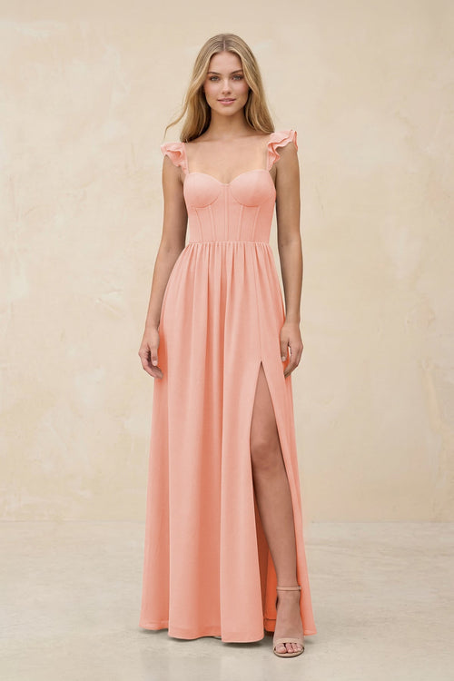 Ruffled Sleeve A - Line Corset Chiffon Bridesmaid Dress in Rose Petal - KissProm Bridesmaid Dresses