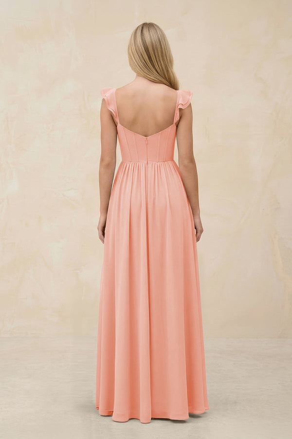 Ruffled Sleeve A - Line Corset Chiffon Bridesmaid Dress in Rose Petal - KissProm Bridesmaid Dresses