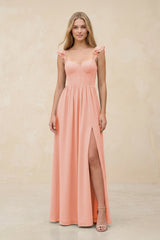 Ruffled Sleeve A - Line Corset Chiffon Bridesmaid Dress in Rose Petal - KissProm Bridesmaid Dresses