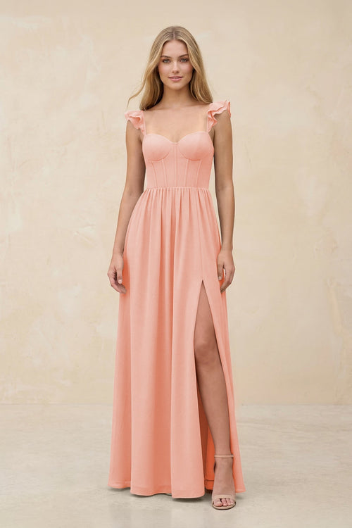 Ruffled Sleeve A - Line Corset Chiffon Bridesmaid Dress in Rose Petal - KissProm Bridesmaid Dresses