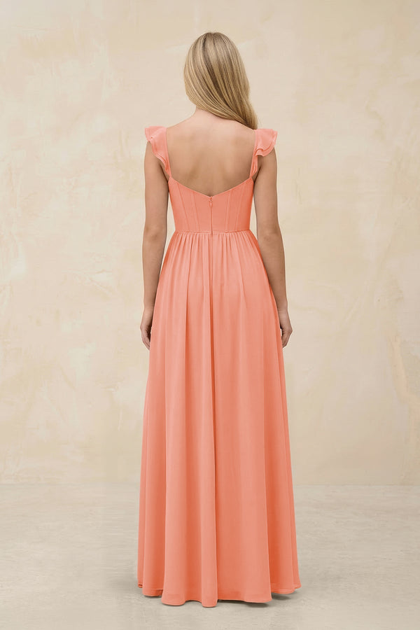 Ruffled Sleeve A - Line Corset Chiffon Bridesmaid Dress in Rosette - KissProm Bridesmaid Dresses