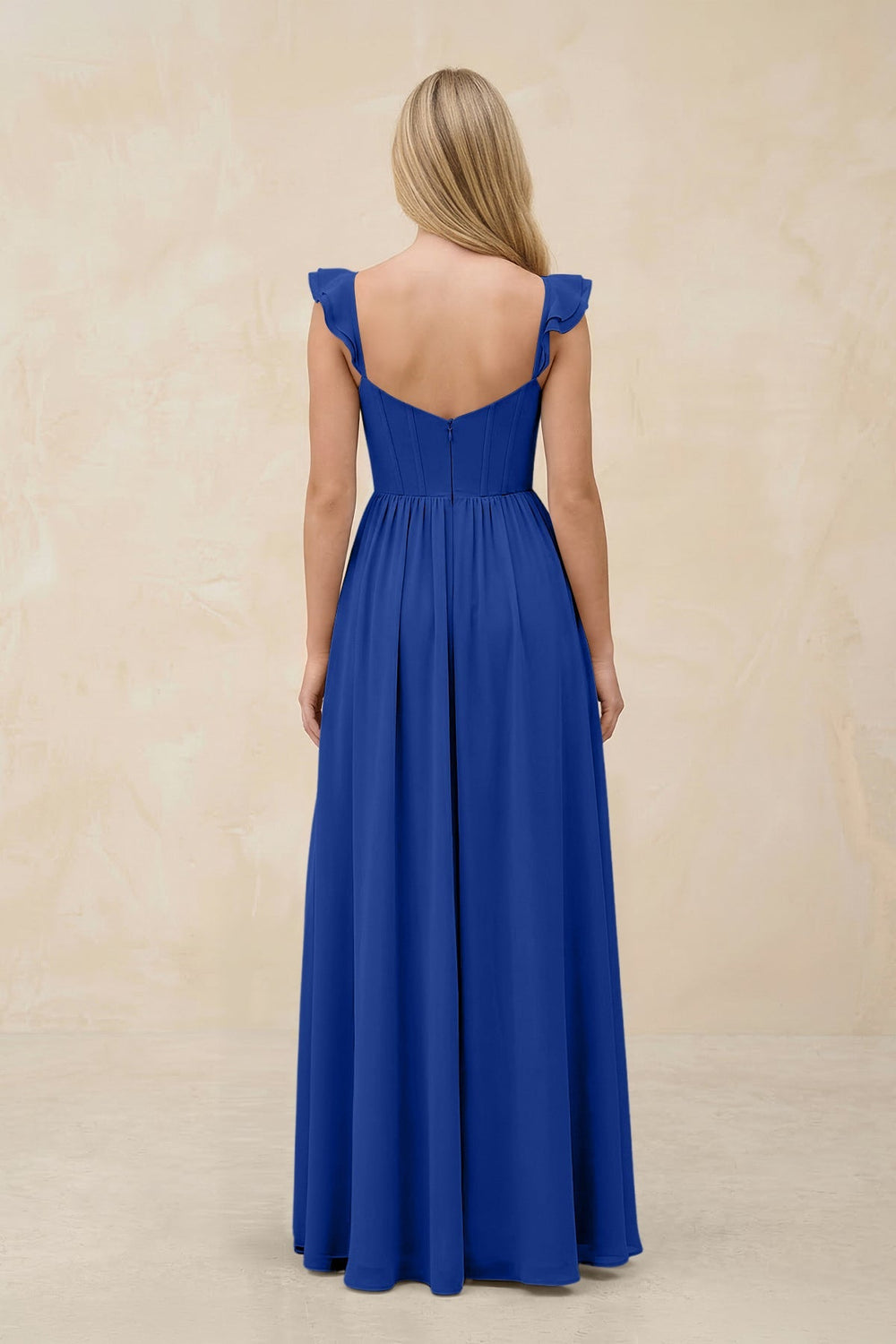 Ruffled Sleeve A - Line Corset Chiffon Bridesmaid Dress in Royal Blue - KissProm Bridesmaid Dresses