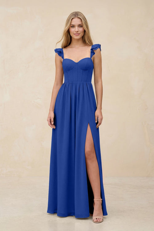 Ruffled Sleeve A - Line Corset Chiffon Bridesmaid Dress in Royal Blue - KissProm Bridesmaid Dresses