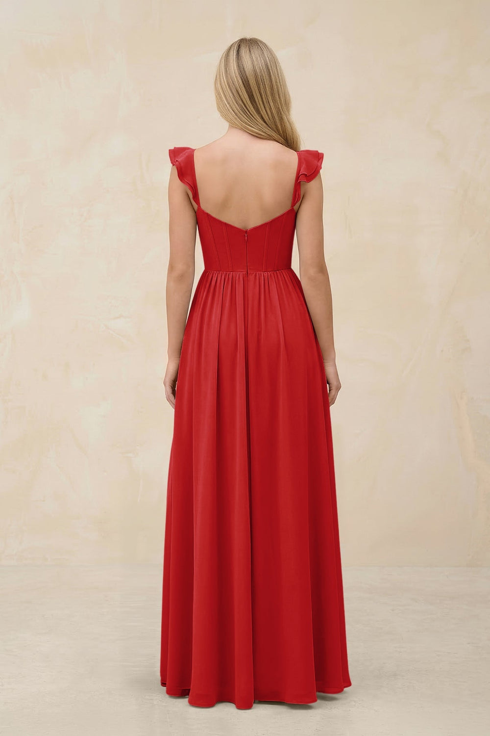 Ruffled Sleeve A - Line Corset Chiffon Bridesmaid Dress in Ruby Red - KissProm Bridesmaid Dresses
