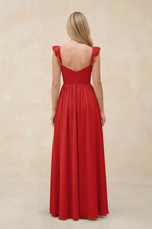 Ruffled Sleeve A - Line Corset Chiffon Bridesmaid Dress in Ruby Red - KissProm Bridesmaid Dresses