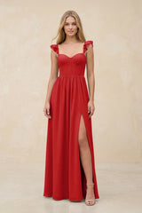Ruffled Sleeve A - Line Corset Chiffon Bridesmaid Dress in Ruby Red - KissProm Bridesmaid Dresses