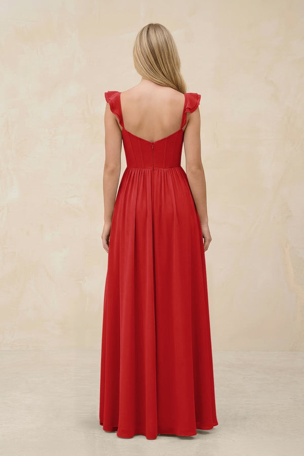 Ruffled Sleeve A - Line Corset Chiffon Bridesmaid Dress in Ruby Red - KissProm Bridesmaid Dresses
