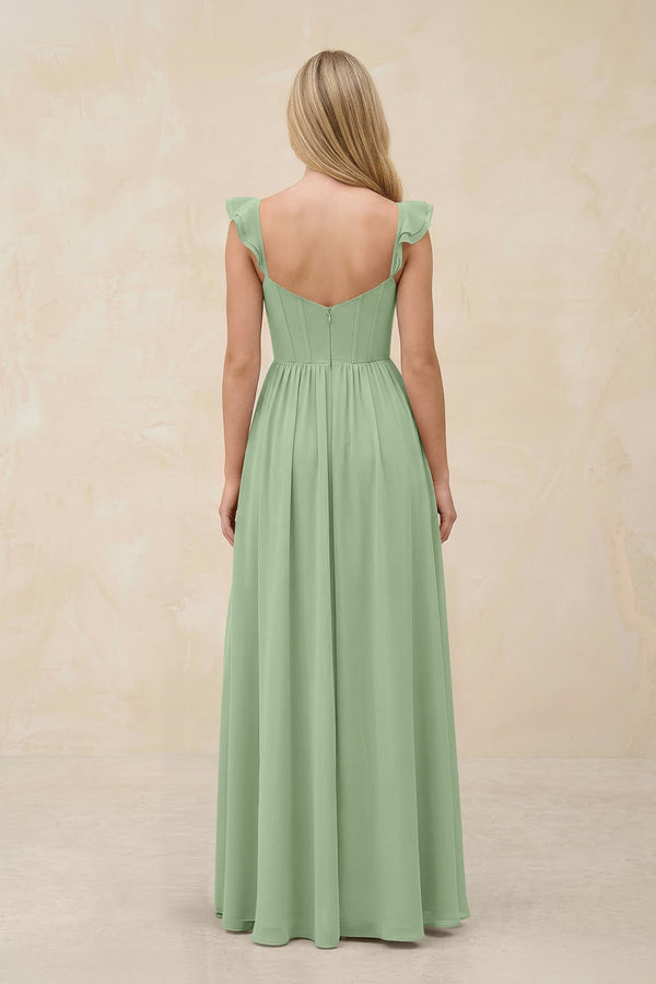 Ruffled Sleeve A - Line Corset Chiffon Bridesmaid Dress in Sage - KissProm Bridesmaid Dresses