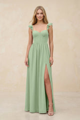Ruffled Sleeve A - Line Corset Chiffon Bridesmaid Dress in Sage - KissProm Bridesmaid Dresses