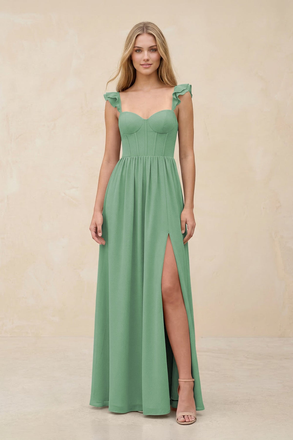 Ruffled Sleeve A - Line Corset Chiffon Bridesmaid Dress in Sea Glass - KissProm Bridesmaid Dresses