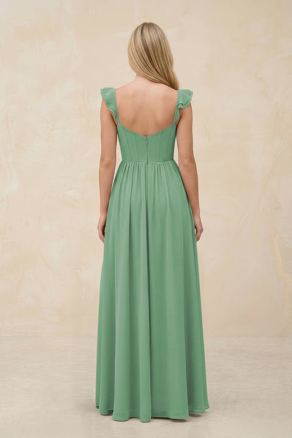 Ruffled Sleeve A - Line Corset Chiffon Bridesmaid Dress in Sea Glass - KissProm Bridesmaid Dresses