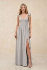 Ruffled Sleeve A - Line Corset Chiffon Bridesmaid Dress in Silver - KissProm Bridesmaid Dresses