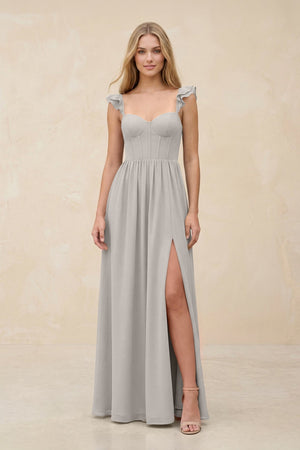 Ruffled Sleeve A - Line Corset Chiffon Bridesmaid Dress in Silver - KissProm Bridesmaid Dresses