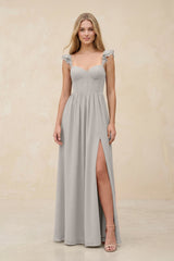 Ruffled Sleeve A - Line Corset Chiffon Bridesmaid Dress in Silver - KissProm Bridesmaid Dresses