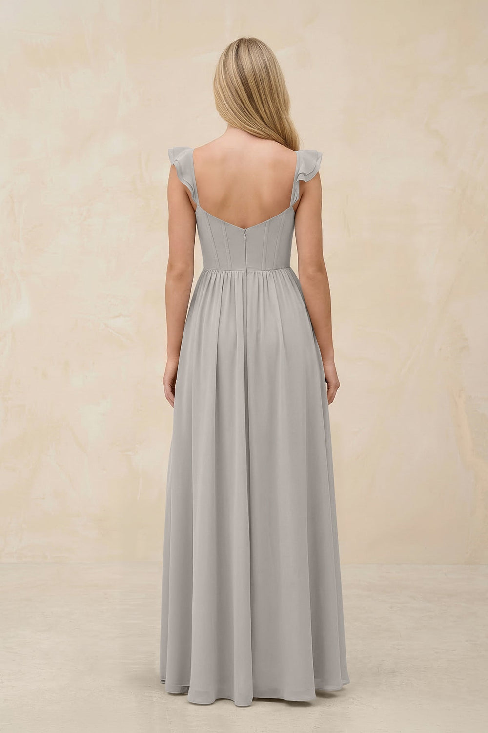 Ruffled Sleeve A - Line Corset Chiffon Bridesmaid Dress in Silver - KissProm Bridesmaid Dresses
