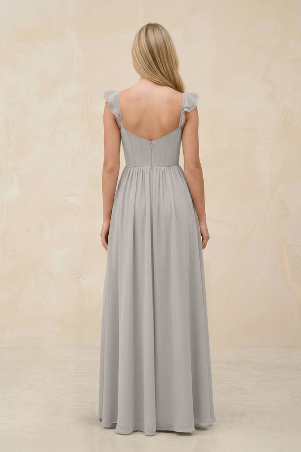 Ruffled Sleeve A - Line Corset Chiffon Bridesmaid Dress in Silver - KissProm Bridesmaid Dresses