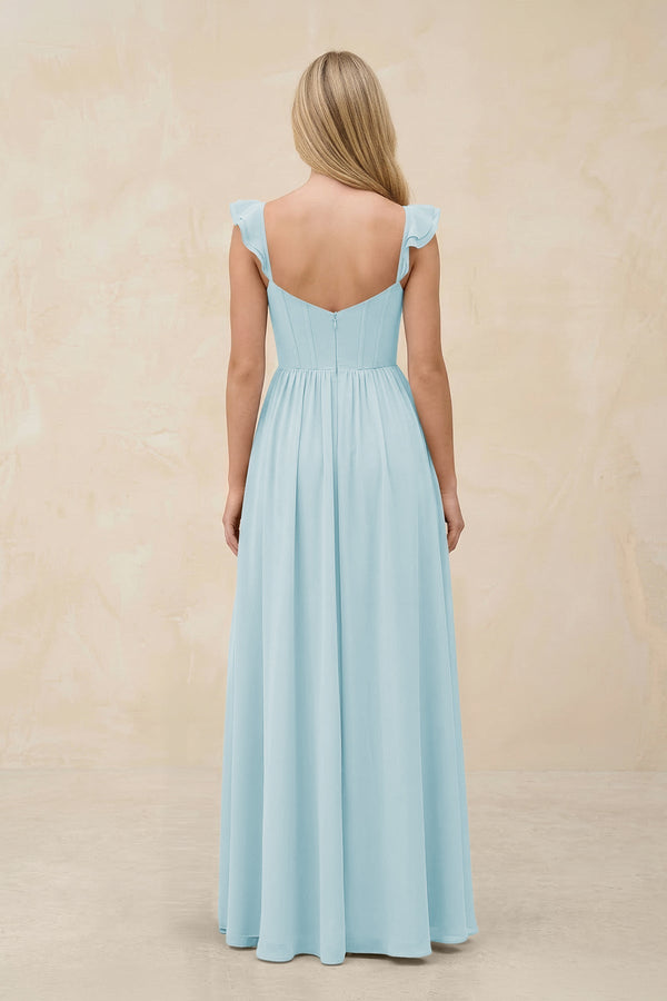 Ruffled Sleeve A - Line Corset Chiffon Bridesmaid Dress in Sky Blue - KissProm Bridesmaid Dresses