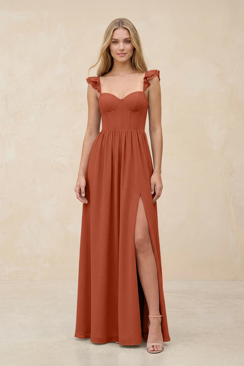 Ruffled Sleeve A - Line Corset Chiffon Bridesmaid Dress in Spice - KissProm Bridesmaid Dresses