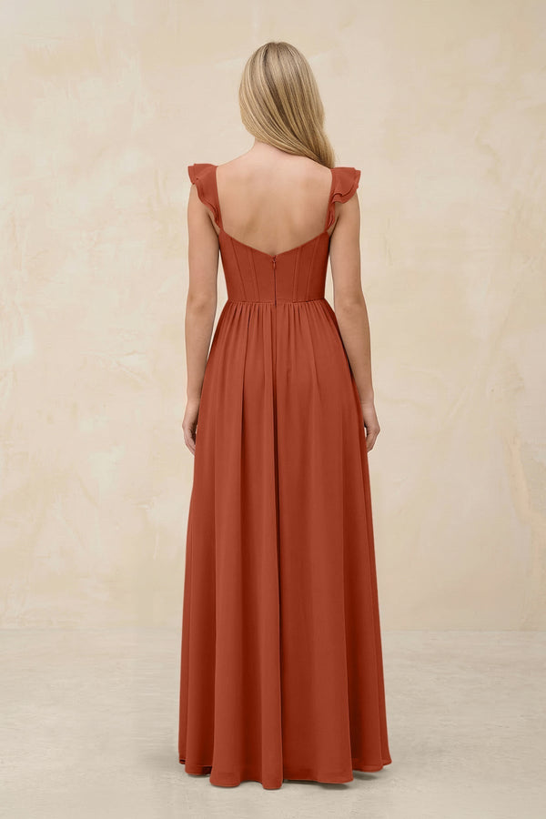 Ruffled Sleeve A - Line Corset Chiffon Bridesmaid Dress in Spice - KissProm Bridesmaid Dresses