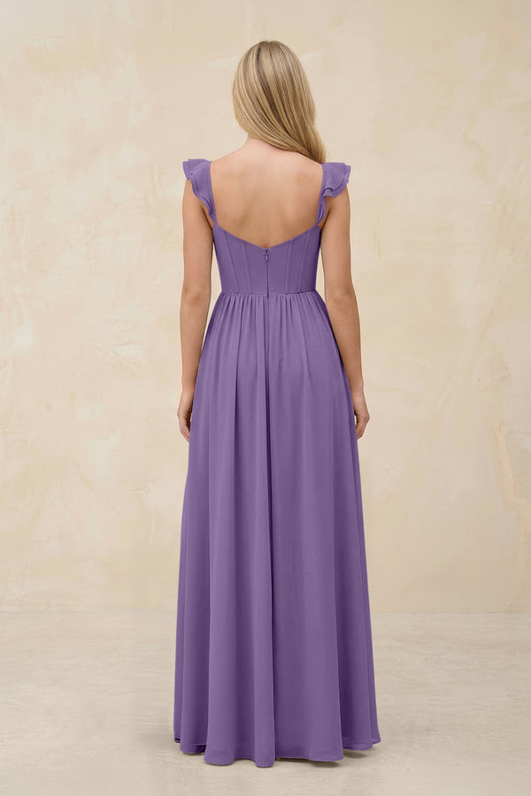Ruffled Sleeve A - Line Corset Chiffon Bridesmaid Dress in Tahiti - KissProm Bridesmaid Dresses