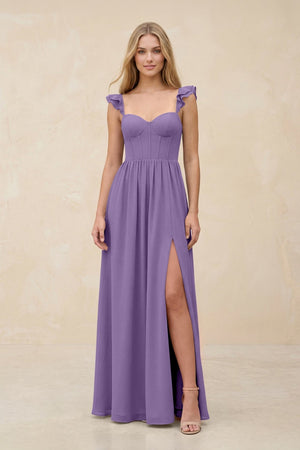 Ruffled Sleeve A - Line Corset Chiffon Bridesmaid Dress in Tahiti - KissProm Bridesmaid Dresses