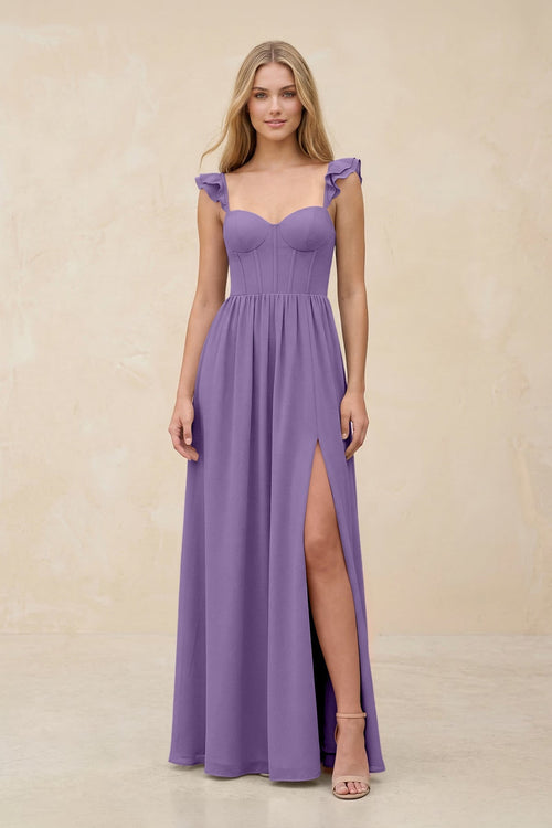 Ruffled Sleeve A - Line Corset Chiffon Bridesmaid Dress in Tahiti - KissProm Bridesmaid Dresses