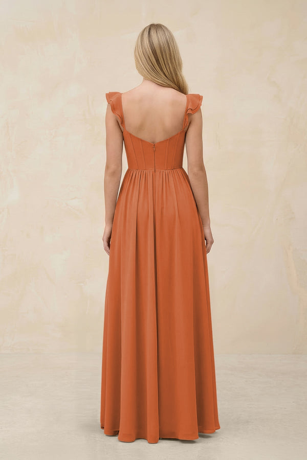 Ruffled Sleeve A - Line Corset Chiffon Bridesmaid Dress in Terracotta - KissProm Bridesmaid Dresses