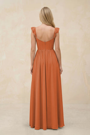 Ruffled Sleeve A - Line Corset Chiffon Bridesmaid Dress in Terracotta - KissProm Bridesmaid Dresses