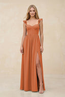 Ruffled Sleeve A - Line Corset Chiffon Bridesmaid Dress in Terracotta - KissProm Bridesmaid Dresses