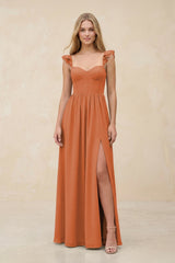 Ruffled Sleeve A - Line Corset Chiffon Bridesmaid Dress in Terracotta - KissProm Bridesmaid Dresses