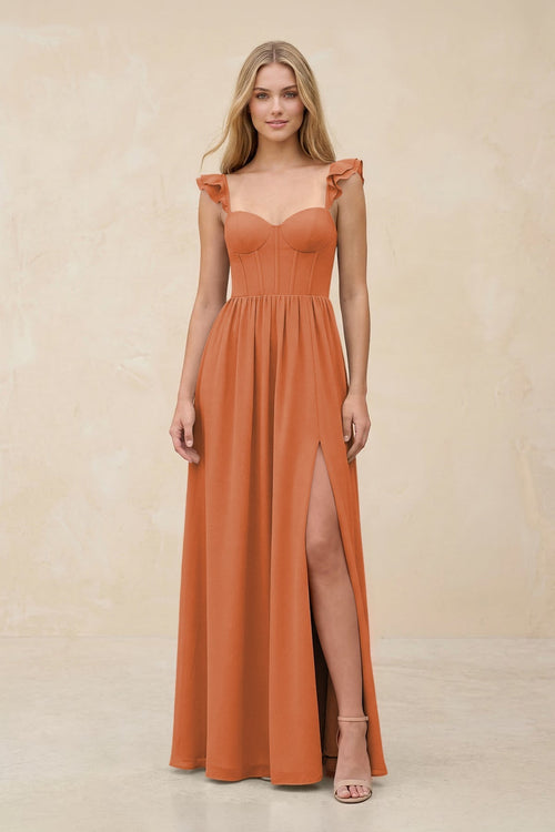 Ruffled Sleeve A - Line Corset Chiffon Bridesmaid Dress in Terracotta - KissProm Bridesmaid Dresses