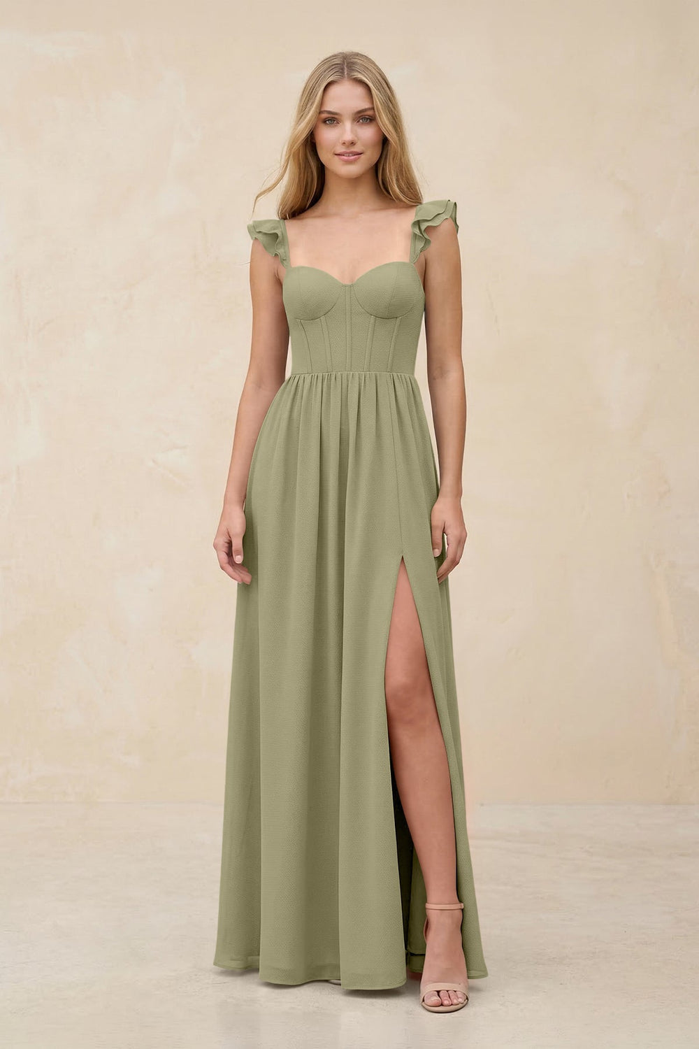 Ruffled Sleeve A - Line Corset Chiffon Bridesmaid Dress in Thyme - KissProm Bridesmaid Dresses
