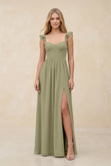 Ruffled Sleeve A - Line Corset Chiffon Bridesmaid Dress in Thyme - KissProm Bridesmaid Dresses