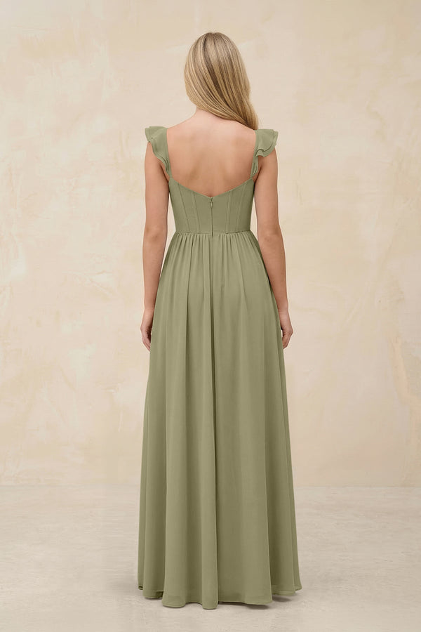 Ruffled Sleeve A - Line Corset Chiffon Bridesmaid Dress in Thyme - KissProm Bridesmaid Dresses