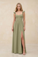 Ruffled Sleeve A - Line Corset Chiffon Bridesmaid Dress in Thyme - KissProm Bridesmaid Dresses