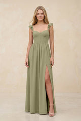 Ruffled Sleeve A - Line Corset Chiffon Bridesmaid Dress in Thyme - KissProm Bridesmaid Dresses