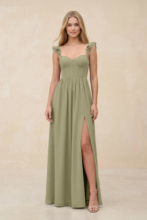 Ruffled Sleeve A - Line Corset Chiffon Bridesmaid Dress in Thyme - KissProm Bridesmaid Dresses