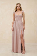 Ruffled Sleeve A - Line Corset Chiffon Bridesmaid Dress in Toffee - KissProm Bridesmaid Dresses