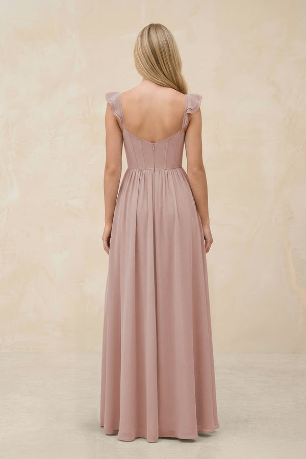 Ruffled Sleeve A - Line Corset Chiffon Bridesmaid Dress in Toffee - KissProm Bridesmaid Dresses