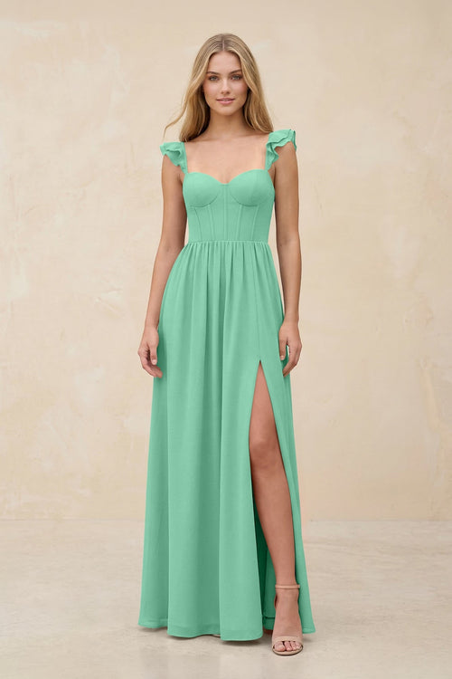 Ruffled Sleeve A - Line Corset Chiffon Bridesmaid Dress in Turquoise - KissProm Bridesmaid Dresses