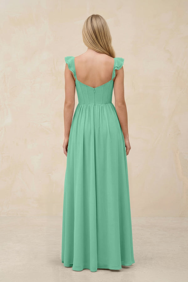 Ruffled Sleeve A - Line Corset Chiffon Bridesmaid Dress in Turquoise - KissProm Bridesmaid Dresses