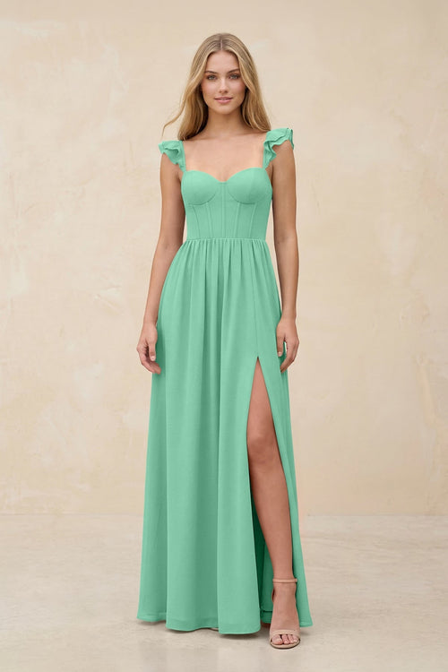 Ruffled Sleeve A - Line Corset Chiffon Bridesmaid Dress in Turquoise - KissProm Bridesmaid Dresses
