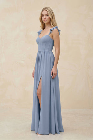 Ruffled Sleeve A - Line Corset Chiffon Bridesmaid Dress in Twilight - KissProm Bridesmaid Dresses