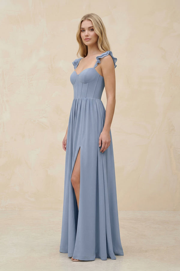 Ruffled Sleeve A - Line Corset Chiffon Bridesmaid Dress in Twilight - KissProm Bridesmaid Dresses